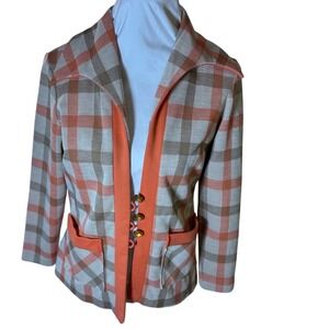 Vintage 60s Plaid Blazer Jacket Orange Tan Gold Buttons Pockets Retro Style‎ M/L